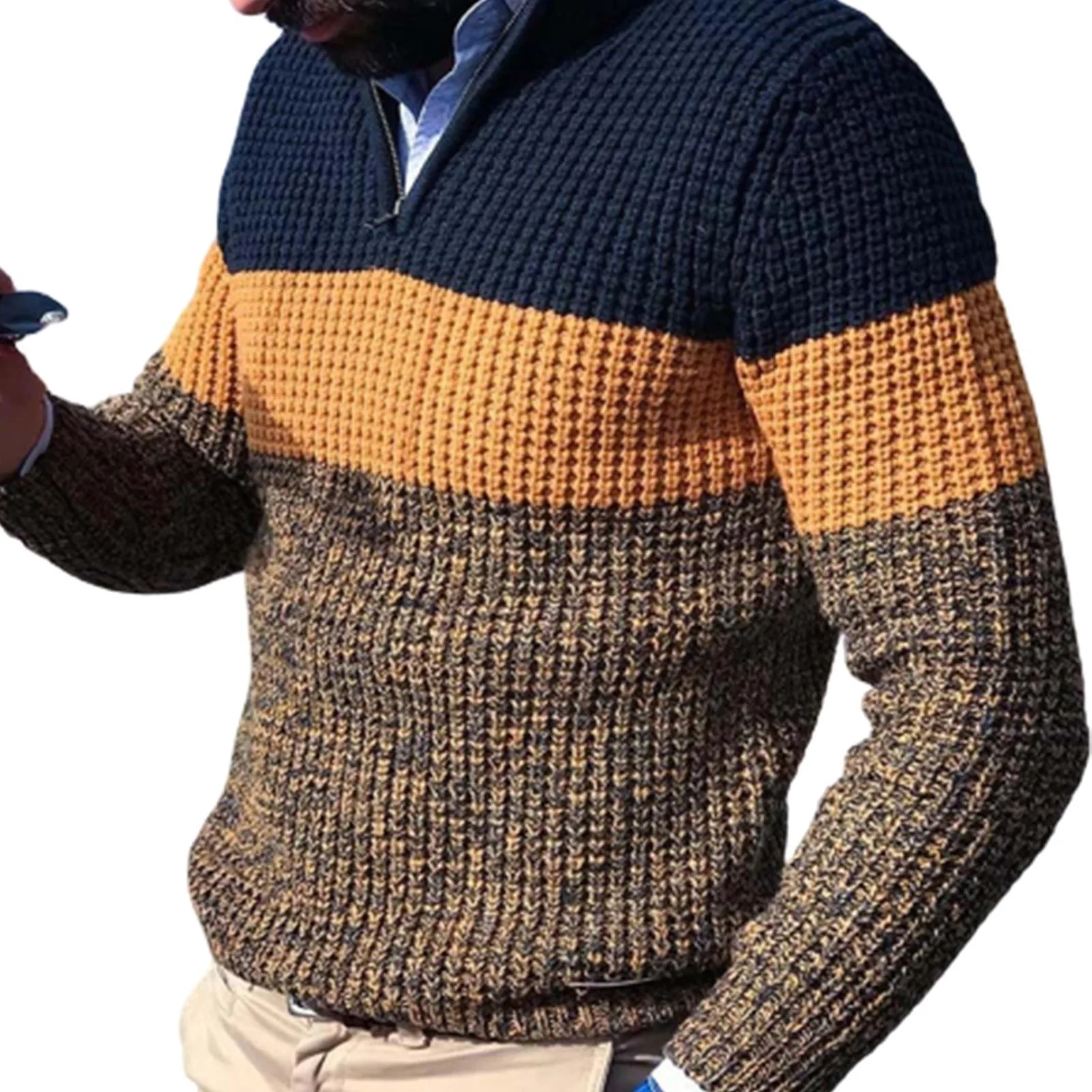 Плюс размер Мъжки вязаный пуловер Есен зима Модерен пуловер Скок с дълъг ръкав, V образно деколте Градинска дрехи в цвят блок Вязаный пуловер