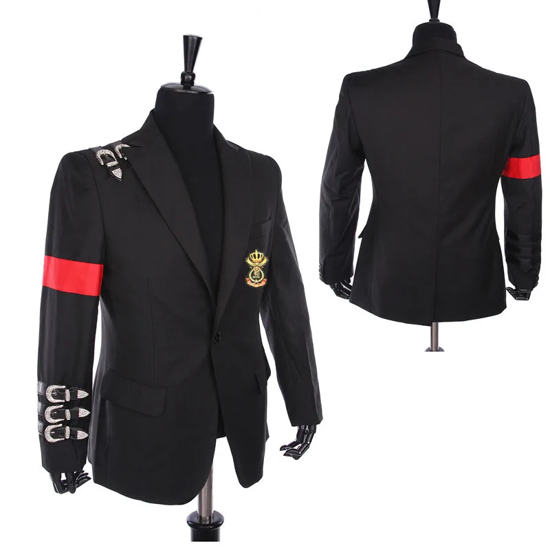 Рядко класически лош яке на Майкъл Джексън MJ Неформален костюм с катарама и иконата, черно случайни сако в стил пънк