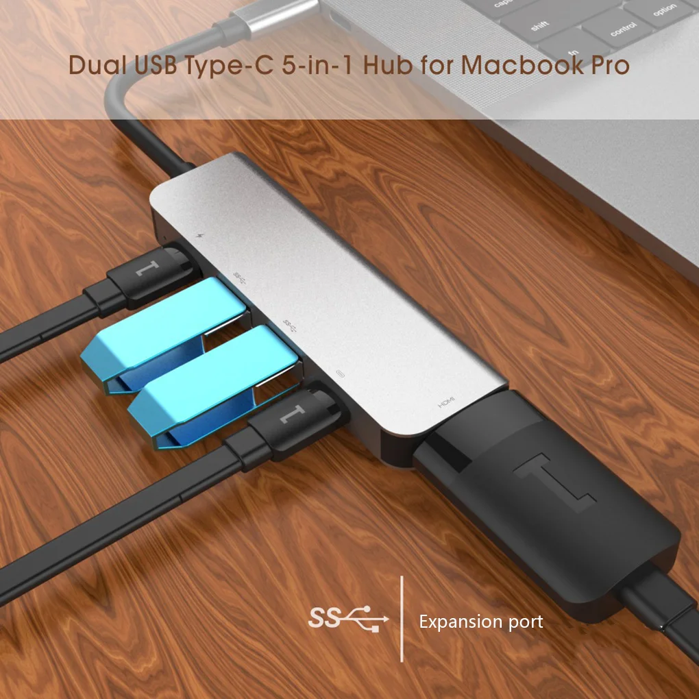 5 в 1 USB-C Hub Докинг станция 4K HD Адаптер за голям екран, 2 USB 3 0 разсейване на топлината Лаптоп От Алуминиева Сплав PD C USB Хъб
