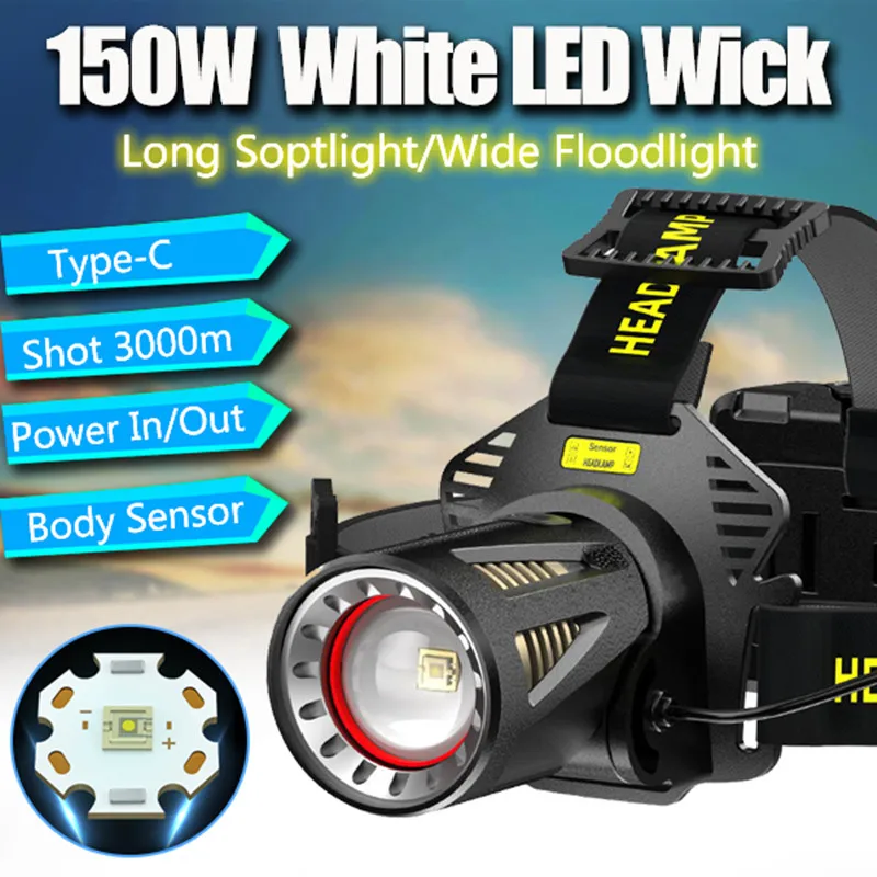 3000 метра 150 Watt led XHP360 мощен налобный фенер USB Акумулаторна налобный фенер за риболов, къмпинг, водоустойчив 5000000LM led светлини