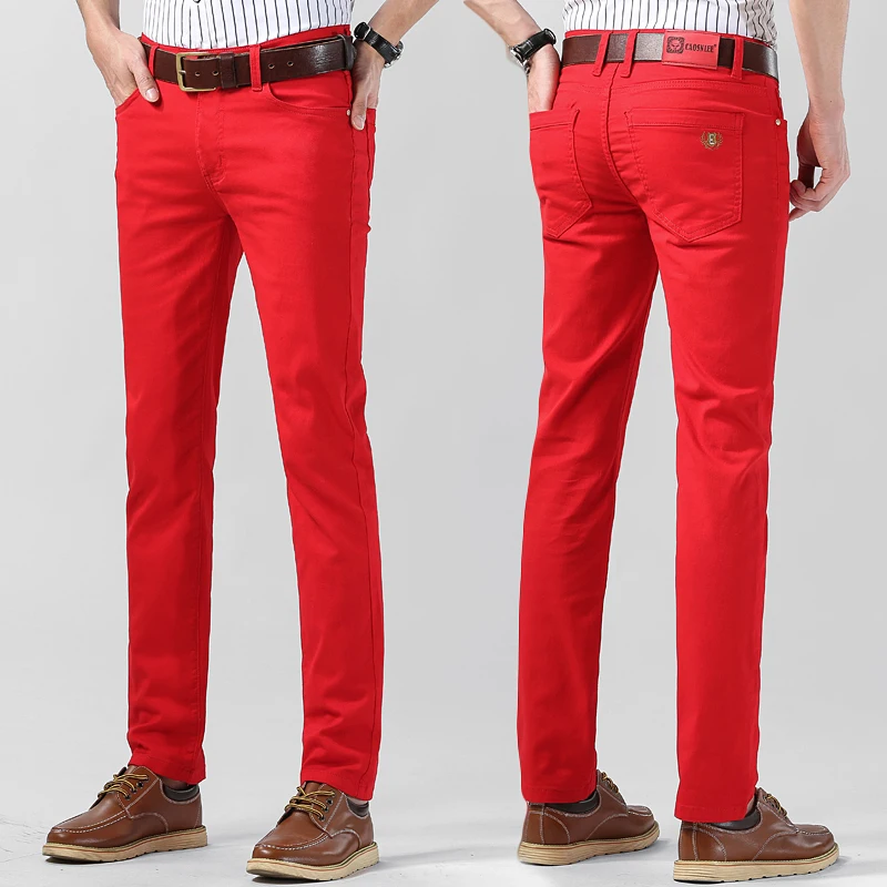 2022, есен и зима, нови мъжки жълти дънки, модната марка, универсални розови ежедневни панталони, мъжки класически червени дънкови панталони