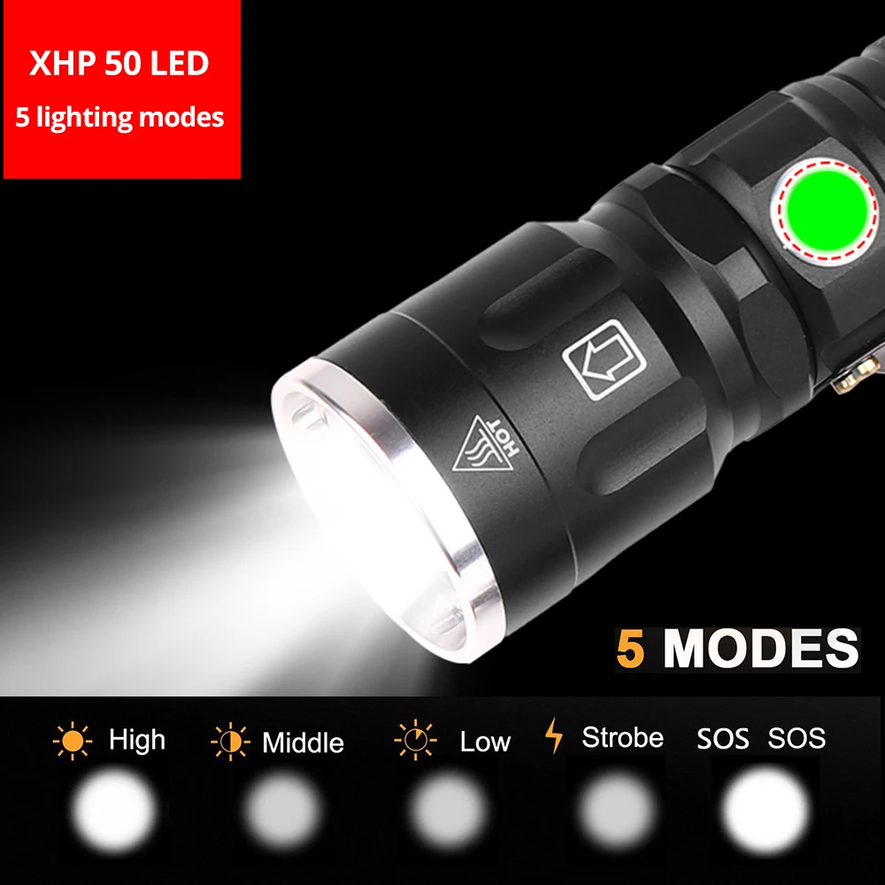 Супер ярки led Фенерче XHP50 Водоустойчив, 5 режима на осветление, Мащабируем Фенерче, Използвайте батерия 18650 или 26650 за приключения на открито